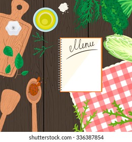 Cooking in kitchen top view banner. Food and utensils on wooden table: spatula, spoon, cutting board, towel, vegetables.