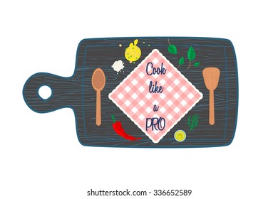 Cooking in kitchen top view banner text space. Food and utensils on wooden blue cutting board - spatula, spoon, towel, vegetables, spices, herbs.