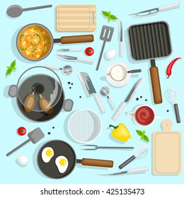 Cooking and Kitchen Utencils Top View Icons Set Isolated Vector Illustration