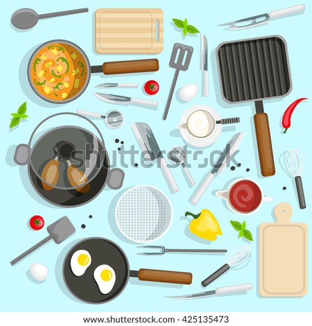 Cooking and Kitchen Utencils Top View Icons Set Isolated Vector Illustration