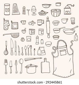 Cooking. Kitchen utensils collection in doodle style