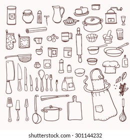 Cooking. Kitchen utensils collection  Retro set with doodle kitchen equipments. Vector illustration.