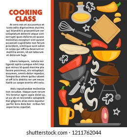 Cooking kitchen utensils and ingredients poster. Vector chef