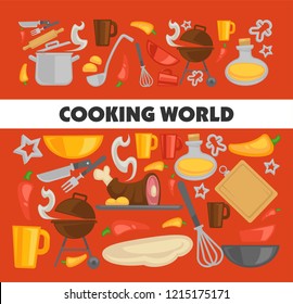 Cooking kitchen utensils and ingredients poster. Vector chef kitchenware and cutlery for food or picnic barbecue grill of saucepan with ladle spoon, whisk with rolling pin knife and fork