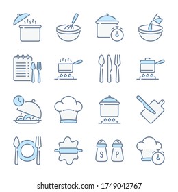 Cooking and Kitchen Utensils related blue line colored icons. Pot, Pan and Cooking recipe icon set.