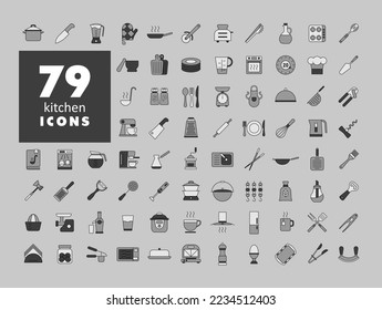Kochen und Küche Vektorfarben Graustufen-Symbole Set. Graph-Symbol für das Kochen von Website-Design, Logo, App, Benutzeroberfläche