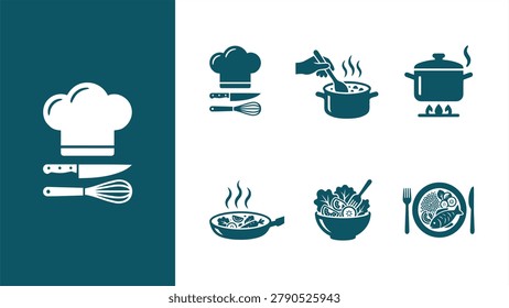 Cooking and kitchen vector icon set. Simple culinary icons featuring chef hat, pot, pan, salad, and meal prep symbols.