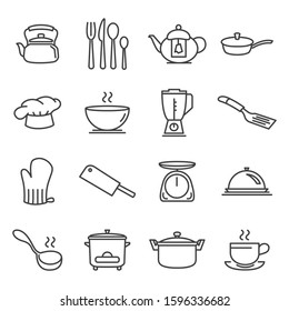 Cooking And Kitchen Vector Lines Icon Set. Contains Such Icons As Blender, Knife, Mixer And More. Editable Stroke