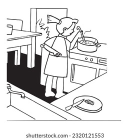 Cocinando en la cocina, libro de colorear de cocina de madre hijo, libro de colorear para niños. Caricatura, libro de dibujo e imagen de color