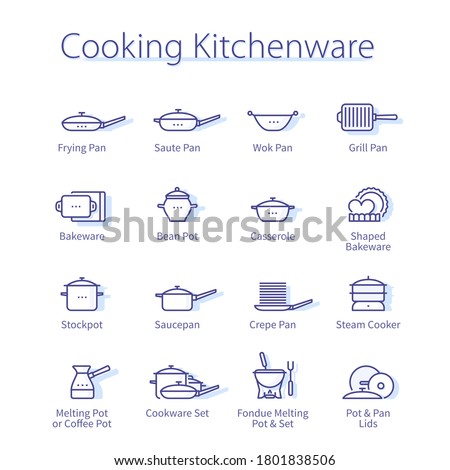 Cooking kitchenware concept. Frying, saute, wok, grill, crepe pan, fondue melting pot, saucepan lid thin line icons set. Modern home kitchen cookware utensils isolated linear vector illustrations