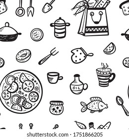 Cooking. Kitchenware and Food Vector Seamless Pattern. Background with Cartoon Hand Drawn Doodle Products and Kitchen Utensils 