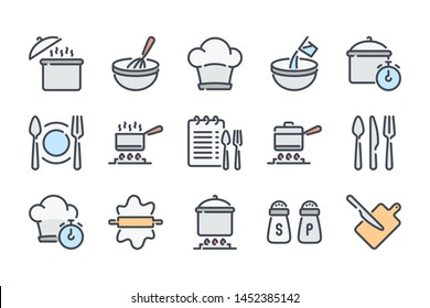 Cooking and Kitchenware related color line icon set. Pot, Pan and Kitchen utensils colorful linear icons. Cooking recipe flat color outline vector sign collection.