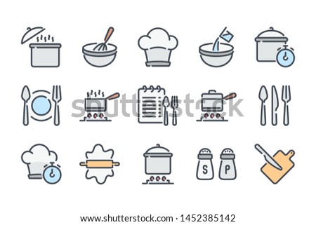 Cooking and Kitchenware related color line icon set. Pot, Pan and Kitchen utensils colorful linear icons. Cooking recipe flat color outline vector sign collection.