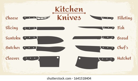 Cooking knifes types. Restaurant or cafe kitchen slicing knives, chefs stainless knife set for fish and cheese, bread and meat vector silhouettes