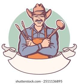 Cooking label. Cowboy Chef cooking traditional food. Smiling cowboy with western hat hold ladle colors label vector illustration isolated on white background printable for Cookbook design