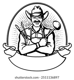 Cooking label. Cowboy Chef cooking traditional food. Smiling cowboy with western hat hold ladle graphic outline label vector illustration isolated on white background printable for Cookbook design