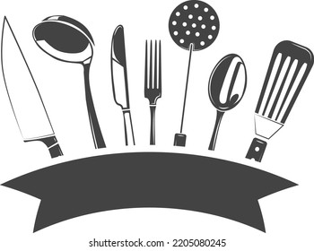 Cooking label logo. Kitchen tools with black ribbon