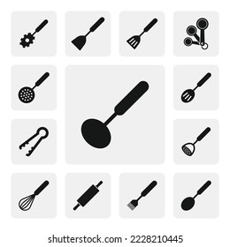 Cooking ladle flat icon for web. Simple kitchen soup ladle sign web icon silhouette. Ladle solid black icon vector design. Ladle cartoon clipart. Kitchen utensils icon set. Cooking tools icons