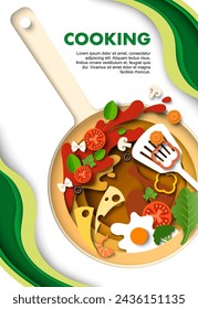 Cooking layered paper cut poster template with frying pan and different ingredient for food preparation. Healthy meal, natural organic vegetables, groceries products for culinary vector illustration