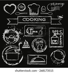 Cooking lesson decoration stamp set on chalkboard.
