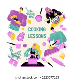 Concepto de clases de cocina. Ilustración con gente linda preparando comida y utensilios de cocina. Caracteres recortados en estilo plano