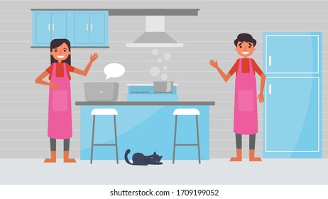cooking lessons on web Lover's hobbies activities couples spend together on summer,holidays,Time with loved ones Happiness No place like home concept,Colorful vector illustration flat cartoon style.