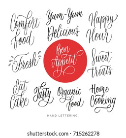 The cooking lettering designs for banners, stickers, packaging, logo, etc. Comfort food. Fresh. Tasty. Sweet treats. Happy hour. Delicious. Organic food. Bon appetit means good appetite.