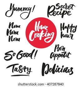 The cooking lettering designs for print and web projects. Banners, stickers, packaging. Food shop background. Modern calligraphy and hand lettering.