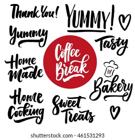 Cooking lettering designs for print and web projects. Banners, stickers, stamps, packaging. Food shop background. Modern calligraphy. Coffee break, tasty, delicious, sweet treats, yummy.