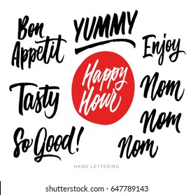 The cooking lettering designs for print and web projects. Banners, stickers, packaging. Food shop background. Yummy, Tasty, So Good, Happy hour, Enjoy, etc. 