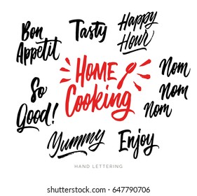 The cooking lettering designs for print and web projects. Banners, stickers, packaging. Food shop background. Yummy, Tasty, So Good, Happy hour, Enjoy, Home cooking, etc. 