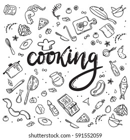 Cooking lettering. Hand drawn doodle food set 