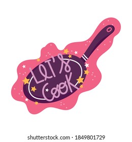 cooking lettering, hand drawn text and saucepan vector illustration