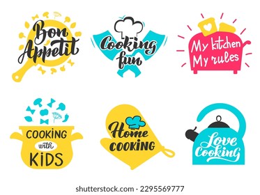 Etiquetas de papel para cocinar. Utensilios de cocina y accesorios para la clase magistral culinaria, el restaurante o los stickers de café. Cacerola frita con texto de buen apetito, tostadora, hervidor de agua y cuchillos vectores aislados