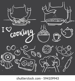 Cooking lettering I love cooking. Hand drawn doodle food cooking set White on black