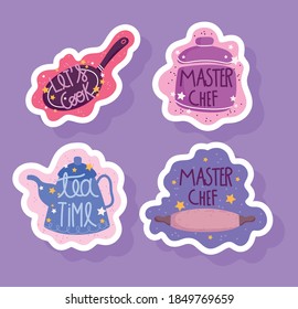 cooking lettering, saucepan, pot, kettle and rolling pot stickers icon vector illustration