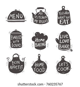 Cooking lettering set. Hand drawn vector illustration. Can be used for badges, labels, logo, bakery, street festival, farmers market, country fair, shop, kitchen classes, cafe, food studio.