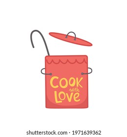 Cooking lettering sing quote on kithenware, cookware. Handwriting quotes, vector stock illustration isolated on white background for kitchen poster, menu restaraunt, logo, funny badge, sticker.