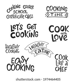 Cooking lettering sing set for kitchen tools. Vector stock illustration isolated on white background for web site online cooking course, class certificate, diploma.