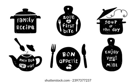 Cooking letterng for kitchen and restaurants. Black vector labels with short phrases. Set with kitchenware silhouette