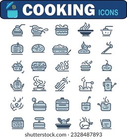 Cooking Line Art icon collection. Boiling time, Frying pan and Kitchen utensils. Fork, spoon and knife line icons. Recipe book, chef hat and cutting board. Cooking book, frying time, hot pan. Vector