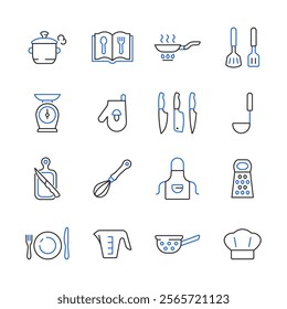 Cooking line color icon set. Vector collection with pan, scales, cookbook, dish, knife, cutting board, potholder, toque.