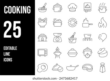 Cooking Line Editable Icons set. Vector illustration in thin line modern style of cooking process, main ingredients and kitchen utensils icons	