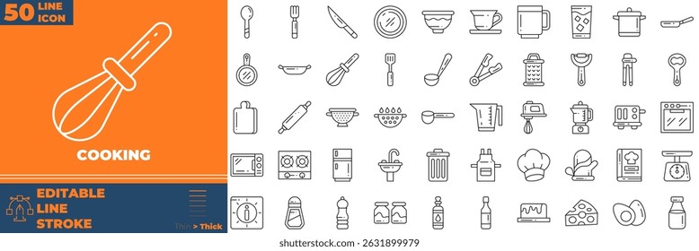 Línea de cocción Conjunto de iconos editables. Ilustración vectorial en estilo de línea delgada moderna de iconos de cocina: tenedor, cuchara, cuchillo, etc