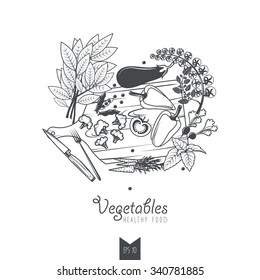 Cooking. Line graphics. Healthy Eating. Vegetables on a cutting board