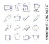 Cooking line icon. Boiling Time, Frying Pans and Kitchen Utensils. Line icons of fork, spoon, knife, plate, coffee cup and mug. chef hat, pot, blender, measuring cup, oven and coffee grinder Vector
