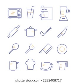 Cooking line icon. Boiling Time, Frying Pans and Kitchen Utensils. Line icons of fork, spoon, knife, plate, coffee cup and mug. chef hat, pot, blender, measuring cup, oven and coffee grinder Vector