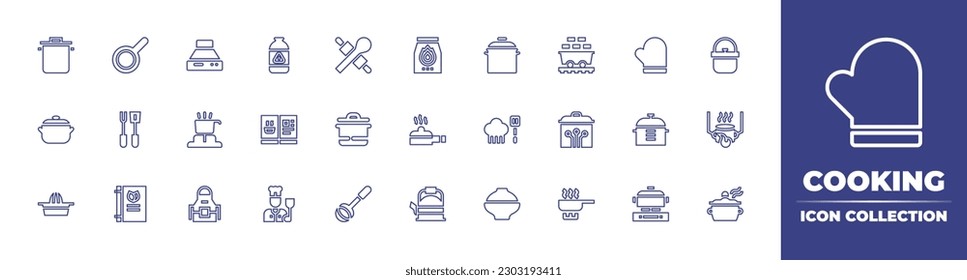 Colección de iconos de línea de cocina. Trazo editable. Ilustración vectorial. Conteniendo olla de cocina, sartén, capilla de extractor, gas, cocina, carbón vegetal, olla, carbón, guantes, herramientas, cocina, receta, robots, exprimidor.