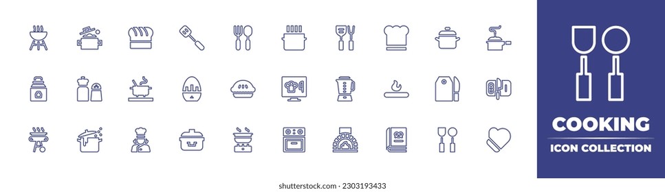Cooking line icon collection. Editable stroke. Vector illustration. Containing barbecue, cooking, chef hat, spatula, fork, pan, cooking utensils, cooking pot, pressure cooker, coal, salt, timer.