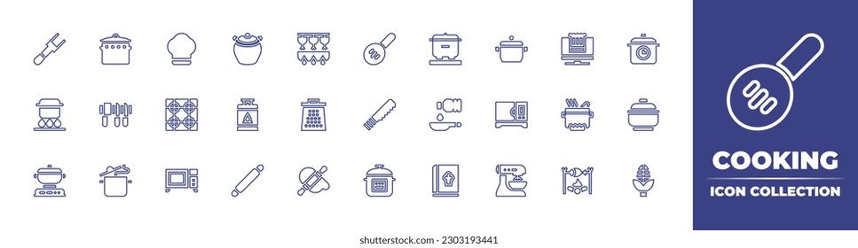 Colección de iconos de línea de cocina. Trazo editable. Ilustración vectorial. Consta de tenedor, cocina, sombrero de chef, olla, cuchara con mantas, cacerola, tiempo de cocina, cuchillo, cocina, gas, rallador, sartén, horno, tazón.